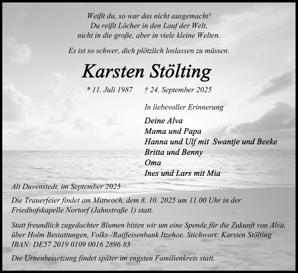  Traueranzeige für Karsten Stölting vom 04.10.2025 aus Schleswig-Holsteinische Landeszeitung