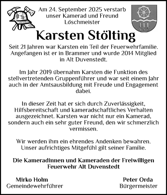 Traueranzeige von Karsten Stölting von Schleswig-Holsteinische Landeszeitung