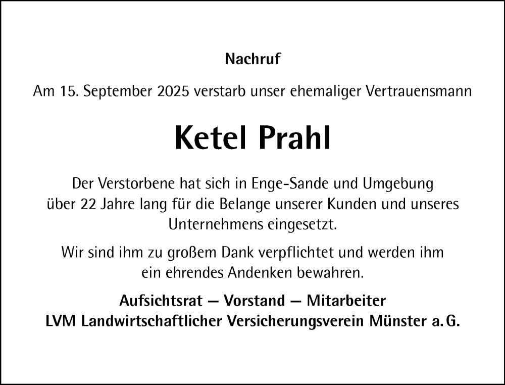  Traueranzeige für Ketel Prahl vom 11.10.2025 aus Husumer Nachrichten, Nordfriesland Tageblatt