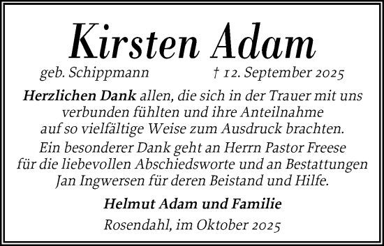Traueranzeige von Kirsten Adam von Husumer Nachrichten, Nordfriesland Tageblatt