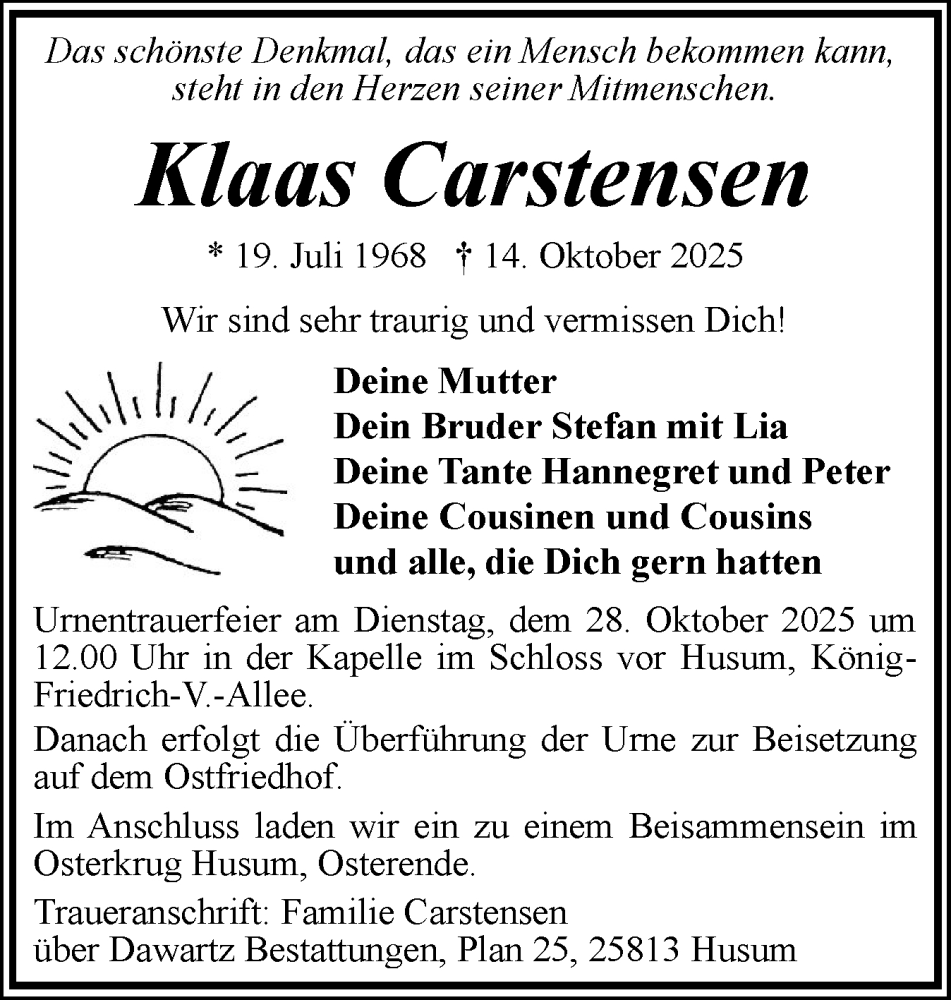  Traueranzeige für Klaas Carstensen vom 25.10.2025 aus Husumer Nachrichten, Nordfriesland Tageblatt