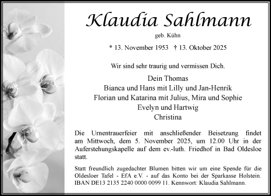 Traueranzeige von Klaudia Sahlmann von MARKT Bad Oldesloe/Reinfeld und Stormarner Tageblatt