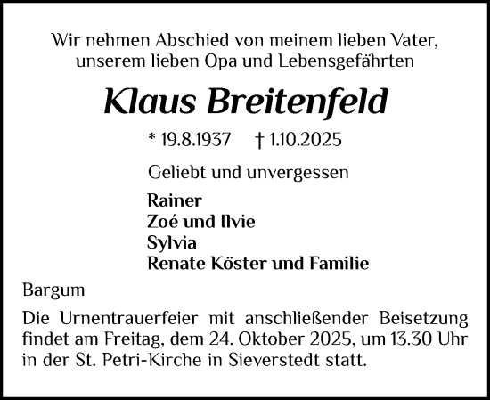 Traueranzeige von Klaus Breitenfeld von Husumer Nachrichten, Nordfriesland Tageblatt