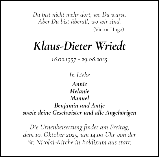 Traueranzeige von Klaus-Dieter Wriedt von Der Insel-Bote