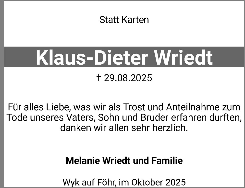  Traueranzeige für Klaus-Dieter Wriedt vom 28.10.2025 aus Der Insel-Bote