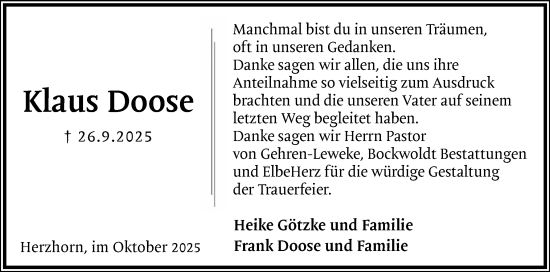 Traueranzeige von Klaus Doose von Norddeutsche Rundschau, Wilstersche Zeitung, Glückstädter Fortuna