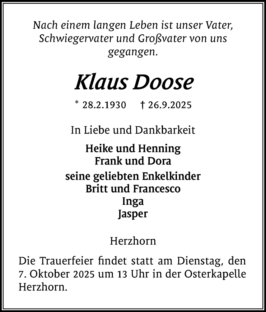  Traueranzeige für Klaus Doose vom 04.10.2025 aus Norddeutsche Rundschau, Wilstersche Zeitung, Glückstädter Fortuna
