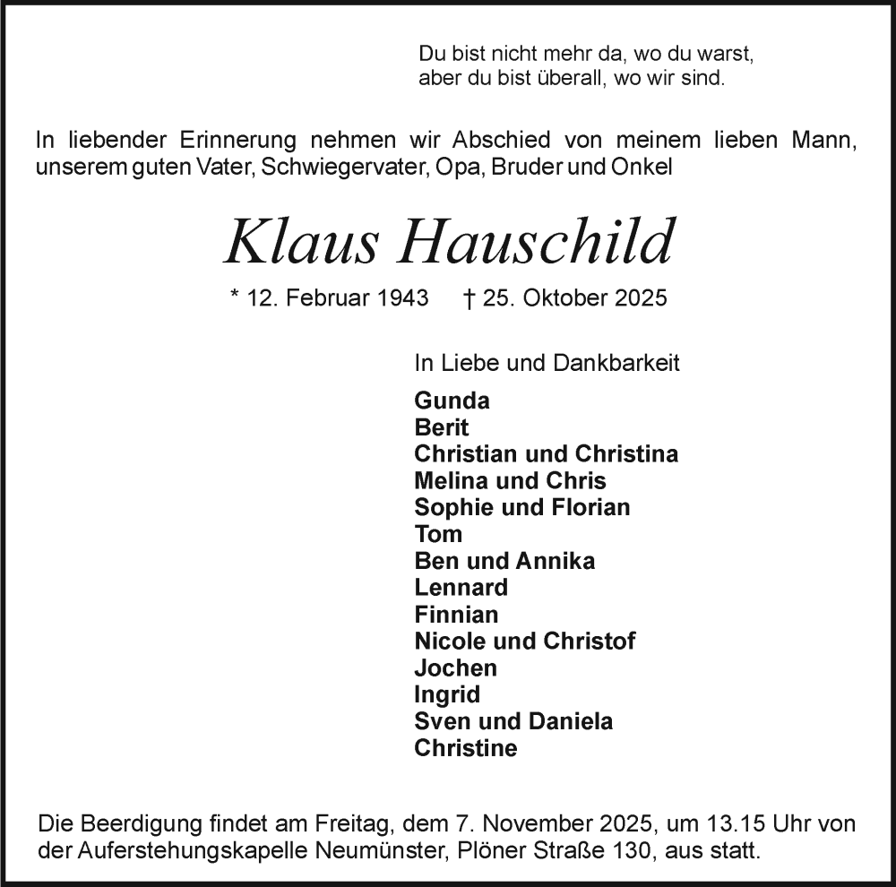  Traueranzeige für Klaus Hauschild vom 01.11.2025 aus Holsteinischer Courier