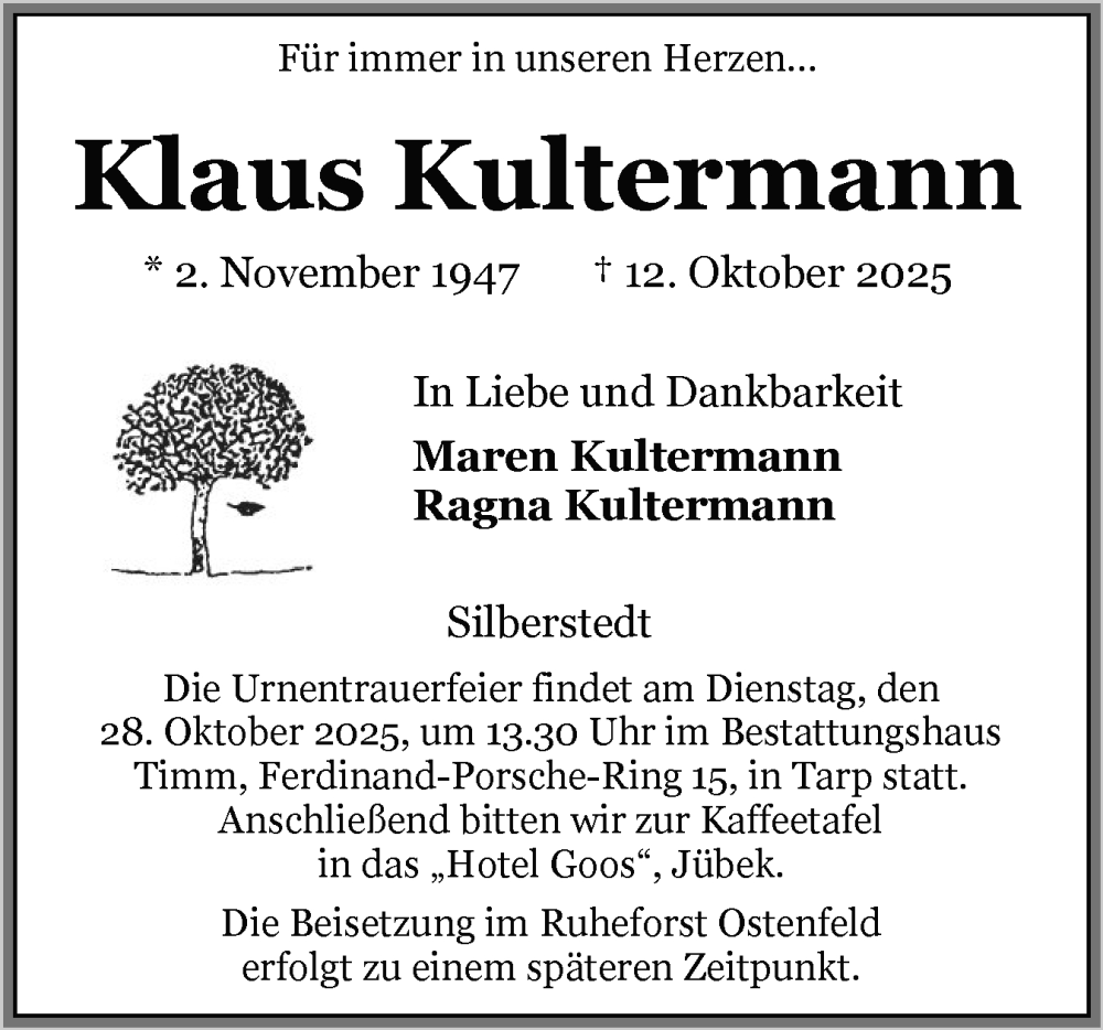  Traueranzeige für Klaus Kultermann vom 18.10.2025 aus Schleswiger Nachrichten, Schlei-Bote
