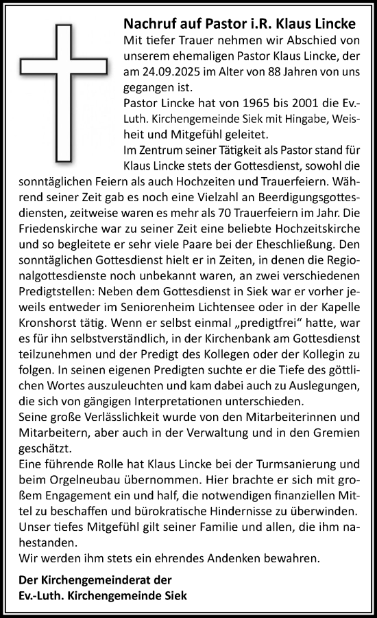 Traueranzeige von Klaus Lincke von MARKT Ahrensburg/Bargteheide/Trittau und Stormarner Tageblatt