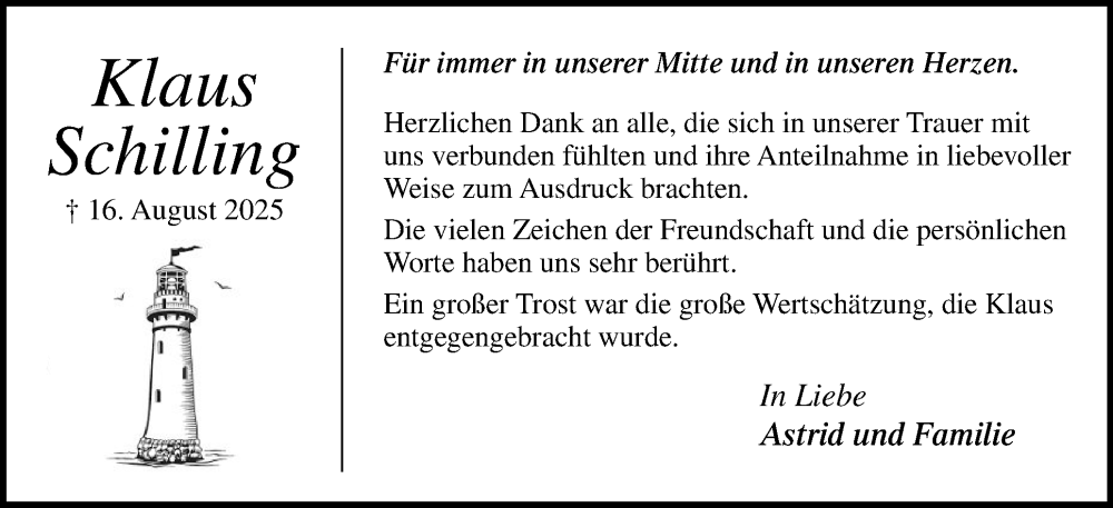  Traueranzeige für Klaus Schilling vom 01.11.2025 aus Elmshorner Nachrichten, Barmstedter Zeitung
