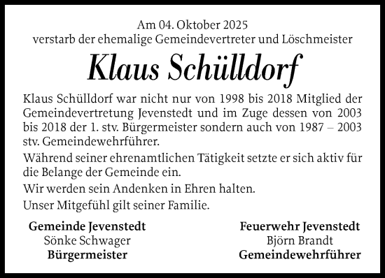 Traueranzeige von Klaus Schülldorf von Schleswig-Holsteinische Landeszeitung