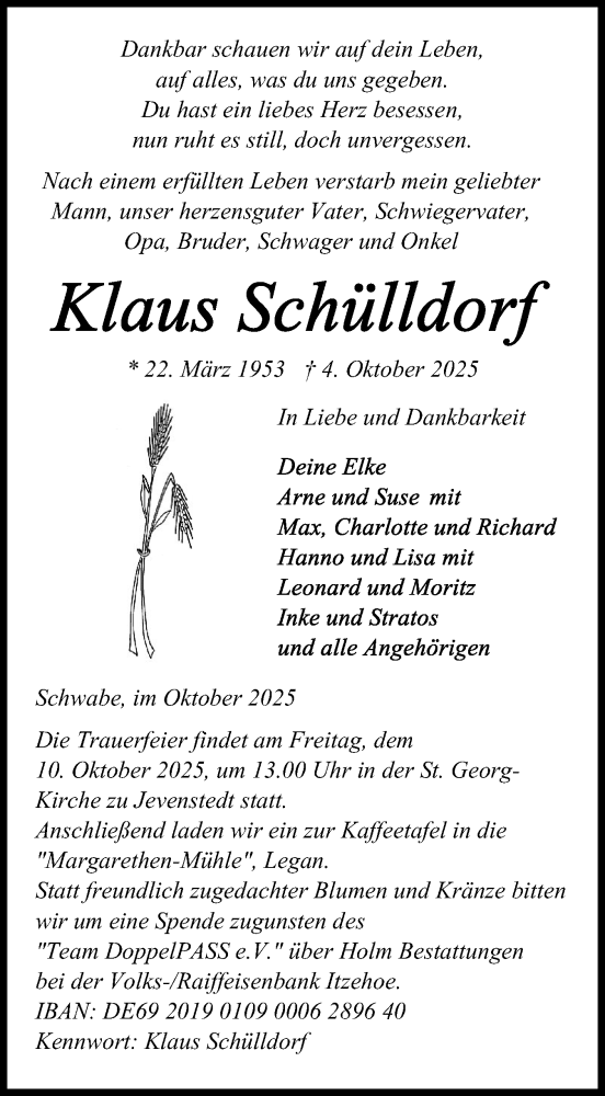  Traueranzeige für Klaus Schülldorf vom 07.10.2025 aus Schleswig-Holsteinische Landeszeitung
