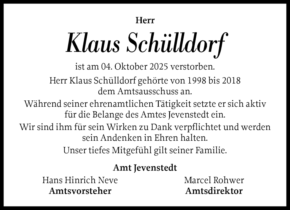  Traueranzeige für Klaus Schülldorf vom 10.10.2025 aus Schleswig-Holsteinische Landeszeitung