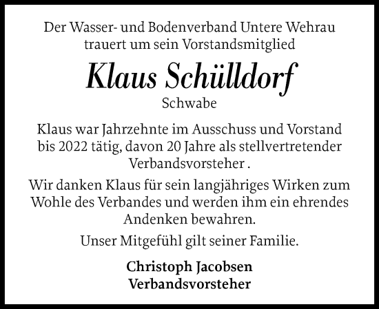 Traueranzeige von Klaus Schülldorf von Schleswig-Holsteinische Landeszeitung