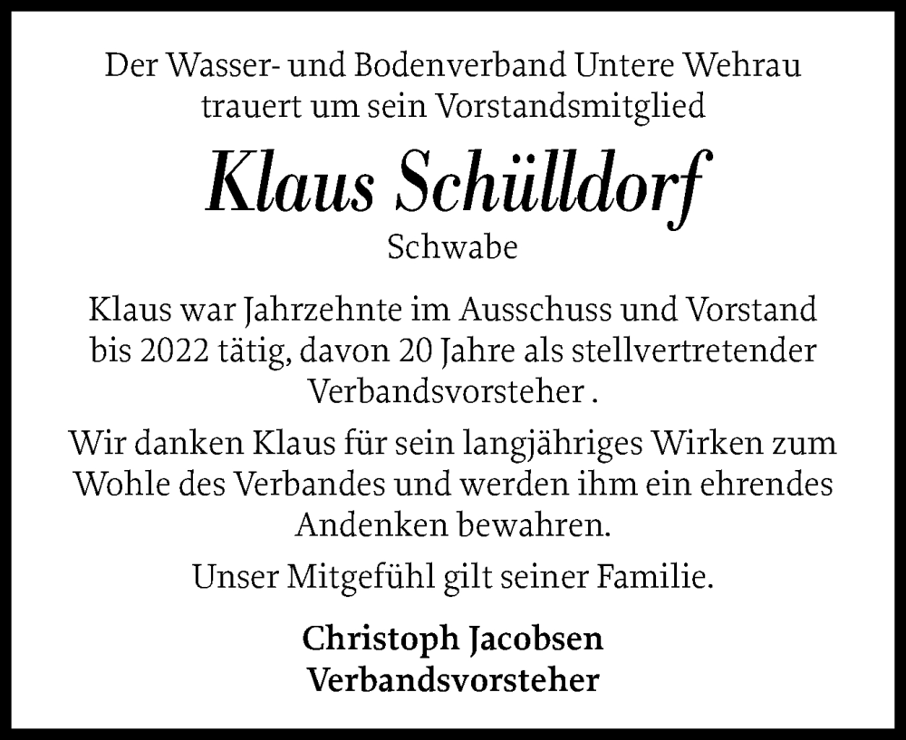  Traueranzeige für Klaus Schülldorf vom 10.10.2025 aus Schleswig-Holsteinische Landeszeitung