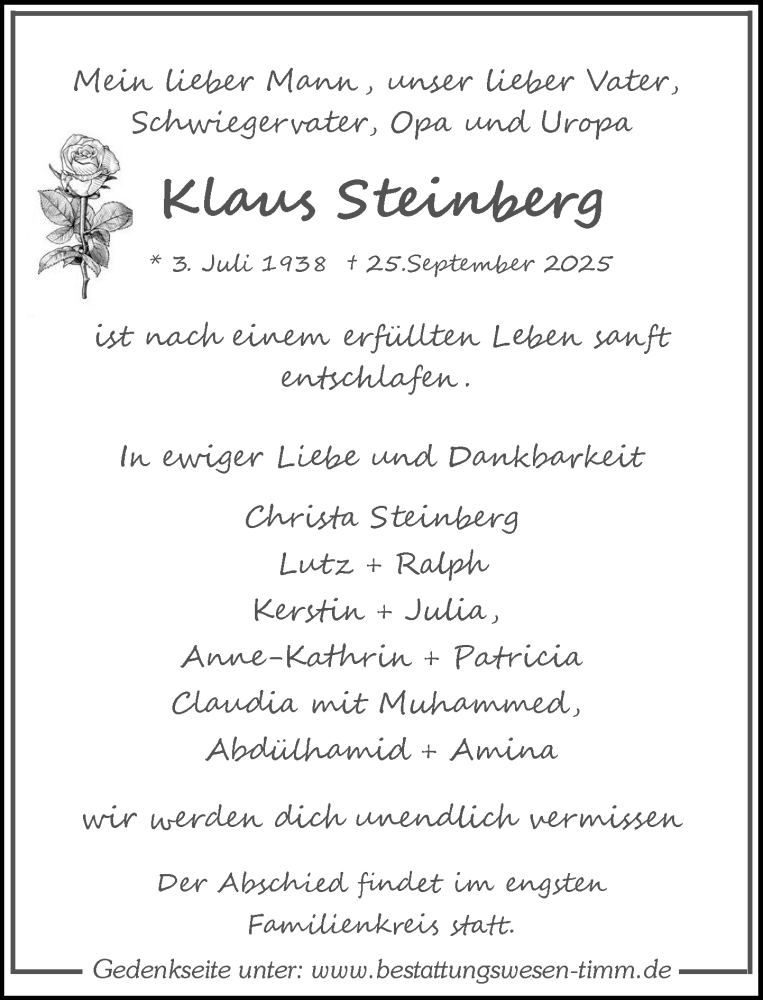  Traueranzeige für Klaus Steinberg vom 18.10.2025 aus Umschau