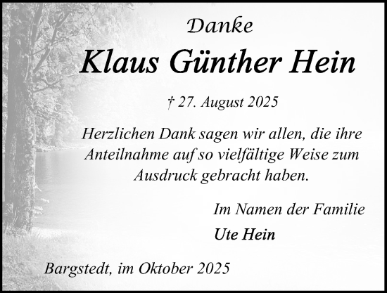 Traueranzeige von Klaus Günther Hein von Schleswig-Holsteinische Landeszeitung