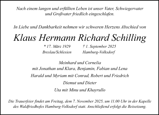 Traueranzeige von Klaus Hermann Richard Schilling von MARKT Walddörfer