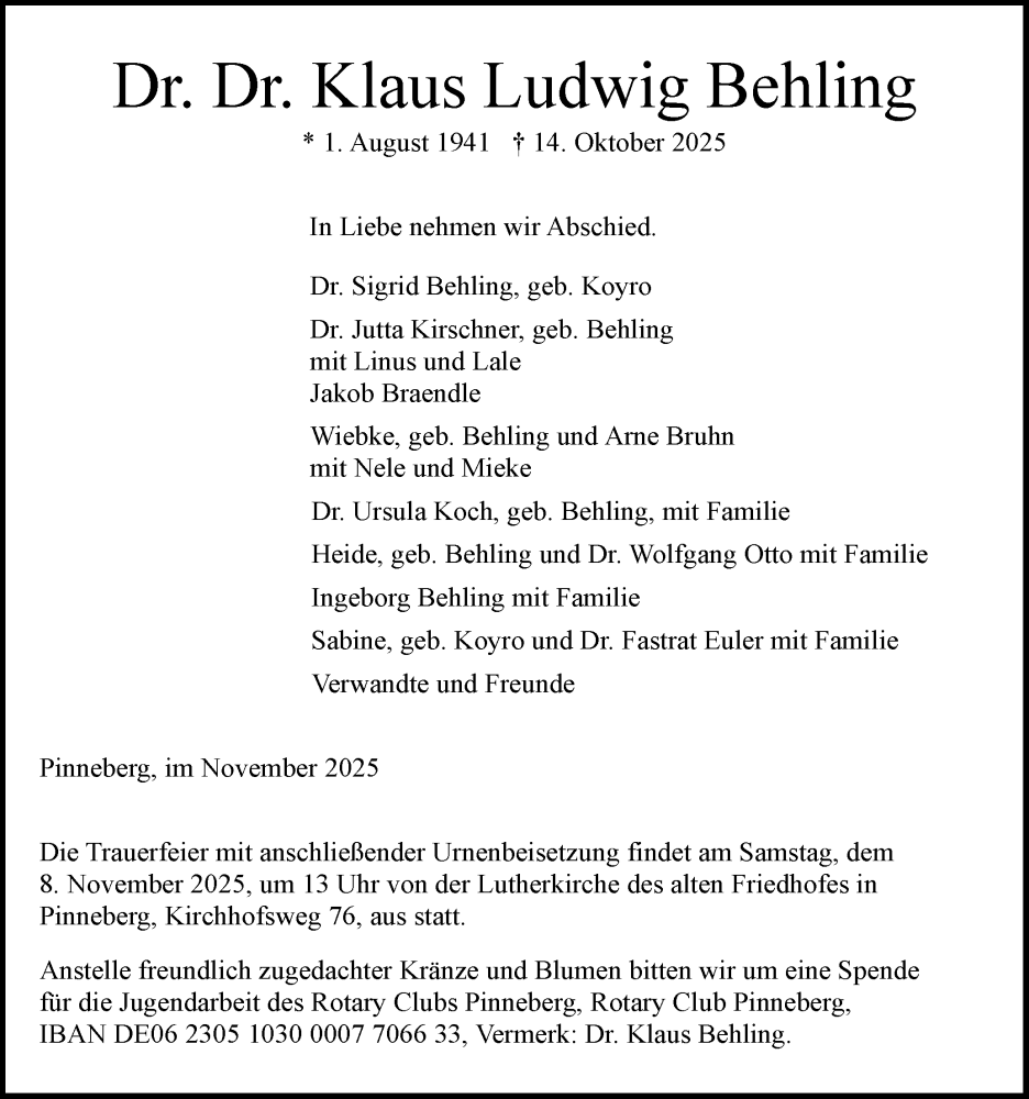  Traueranzeige für Klaus Ludwig Behling vom 01.11.2025 aus Region Pinneberg und tip Pinneberg
