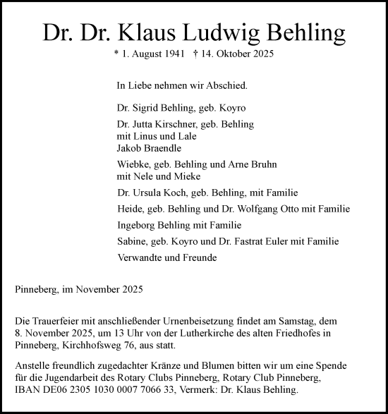 Traueranzeige von Klaus Ludwig Behling von Region Pinneberg und tip Pinneberg