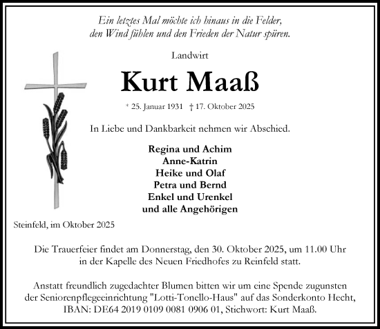 Traueranzeige von Kurt Maaß von MARKT Bad Oldesloe/Reinfeld und Stormarner Tageblatt