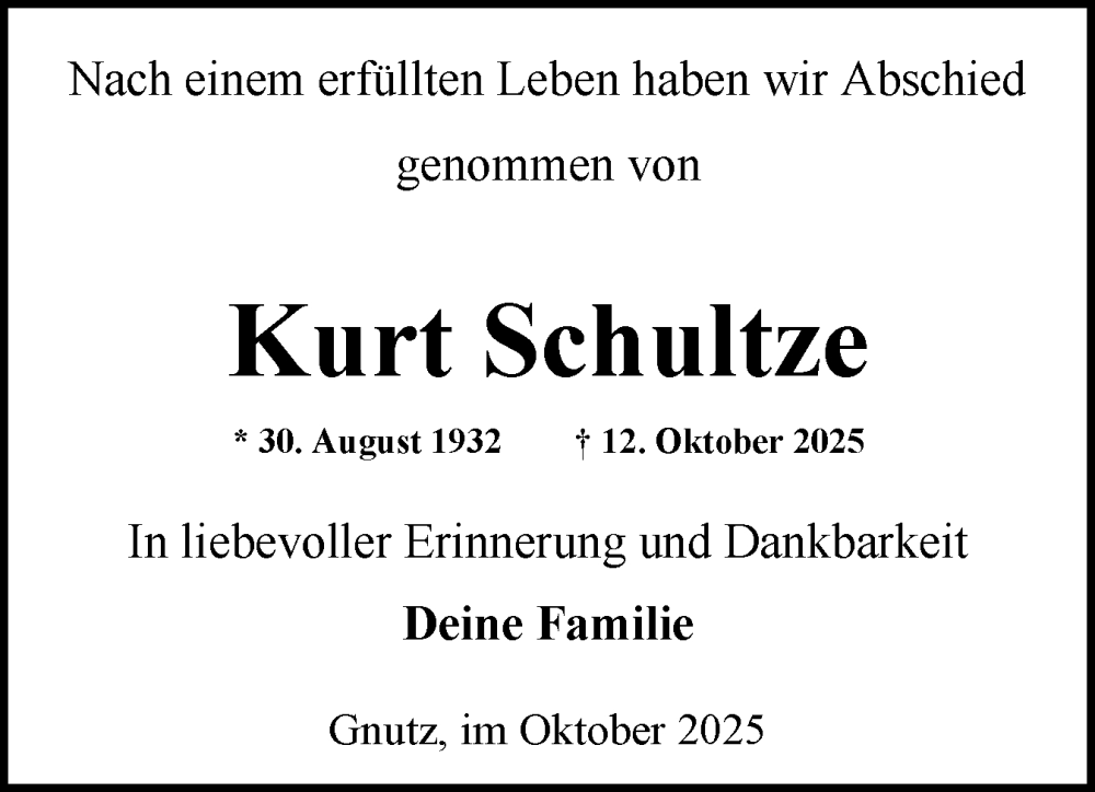  Traueranzeige für Kurt Schultze vom 25.10.2025 aus Schleswig-Holsteinische Landeszeitung
