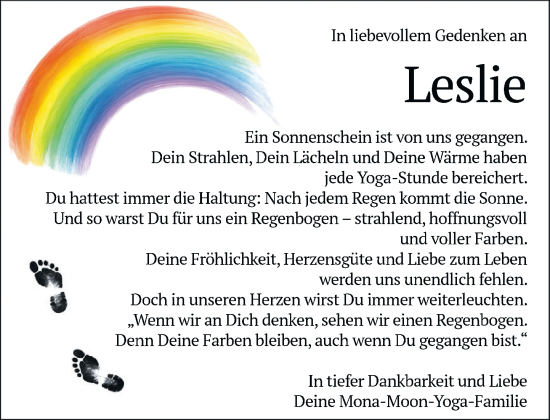 Traueranzeige von Leslie  von MARKT Ratzeburg/Mölln