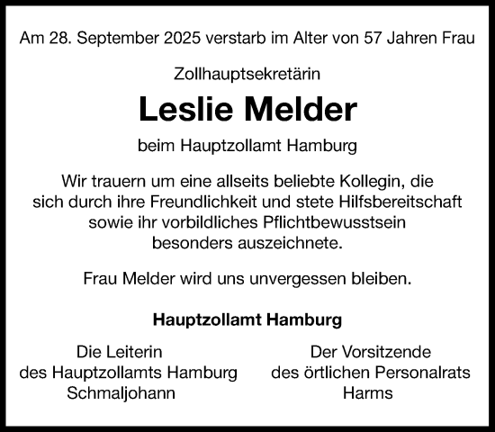 Traueranzeige von Leslie Melder von MARKT Ratzeburg/Mölln