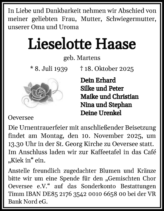 Traueranzeige von Lieselotte Haase von Flensburger Tageblatt