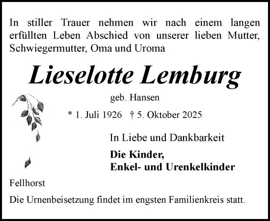 Traueranzeige von Lieselotte Lemburg von Eckernförder Zeitung, Hallo Eckernförde