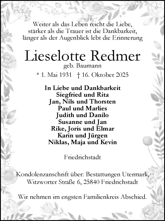 Traueranzeige von Lieselotte Redmer von Husumer Nachrichten, Nordfriesland Tageblatt