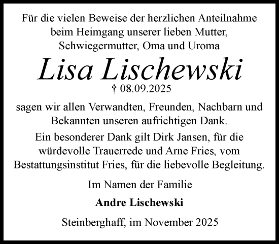 Traueranzeige von Lisa Lischewski von Flensburger Tageblatt