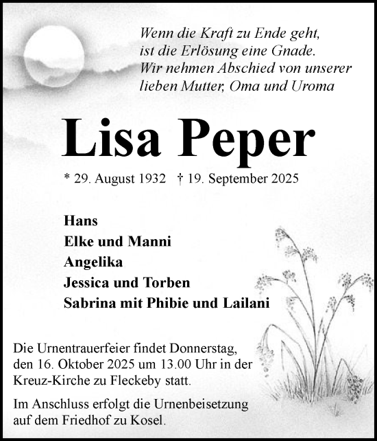 Traueranzeige von Lisa Peper von Eckernförder Zeitung, Hallo Eckernförde