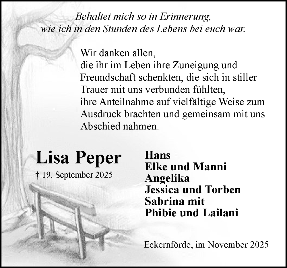  Traueranzeige für Lisa Peper vom 01.11.2025 aus Eckernförder Zeitung, Hallo Eckernförde