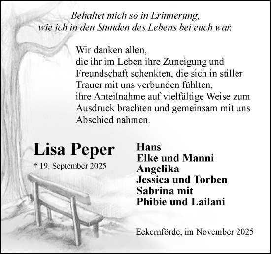 Traueranzeige von Lisa Peper von Eckernförder Zeitung, Hallo Eckernförde