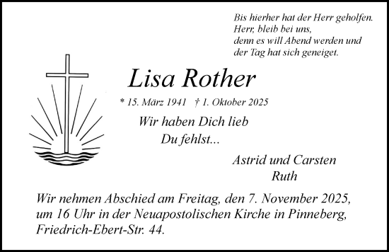 Traueranzeige von Lisa Rother von Region Pinneberg und tip Pinneberg