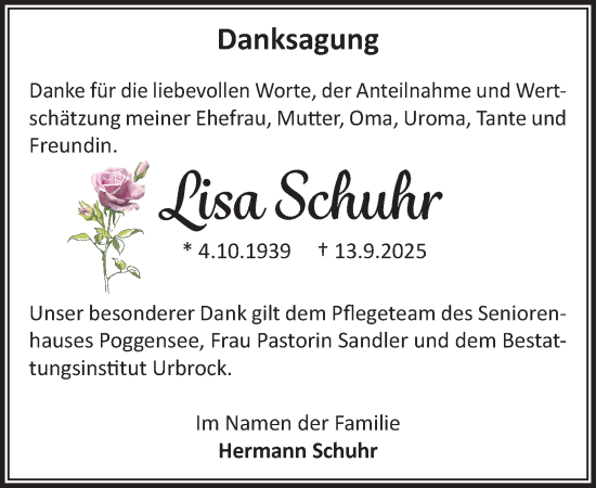 Traueranzeige von Lisa Schuhr von MARKT Ratzeburg/Mölln