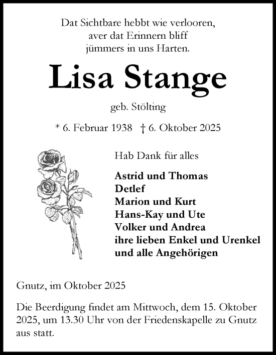 Traueranzeige von Lisa Stange von Schleswig-Holsteinische Landeszeitung