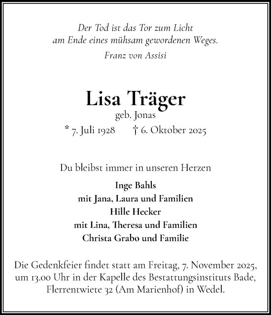 Traueranzeige von Lisa Träger von Wedel-Schulauer Tageblatt, tip Wedel-Schulauer Tageblatt, tip Rissener Rundschau