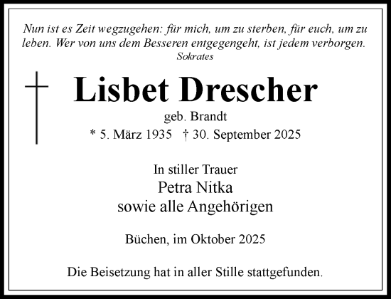 Traueranzeige von Lisbet Drescher von Wochenend Anzeiger