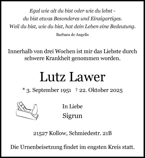 Traueranzeige von Lutz Lawer von Wochenend Anzeiger