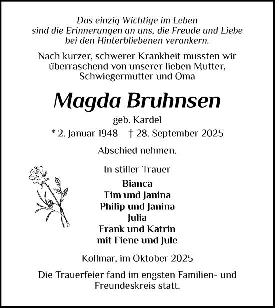 Traueranzeige von Magda Bruhnsen von Norddeutsche Rundschau, Wilstersche Zeitung, Glückstädter Fortuna