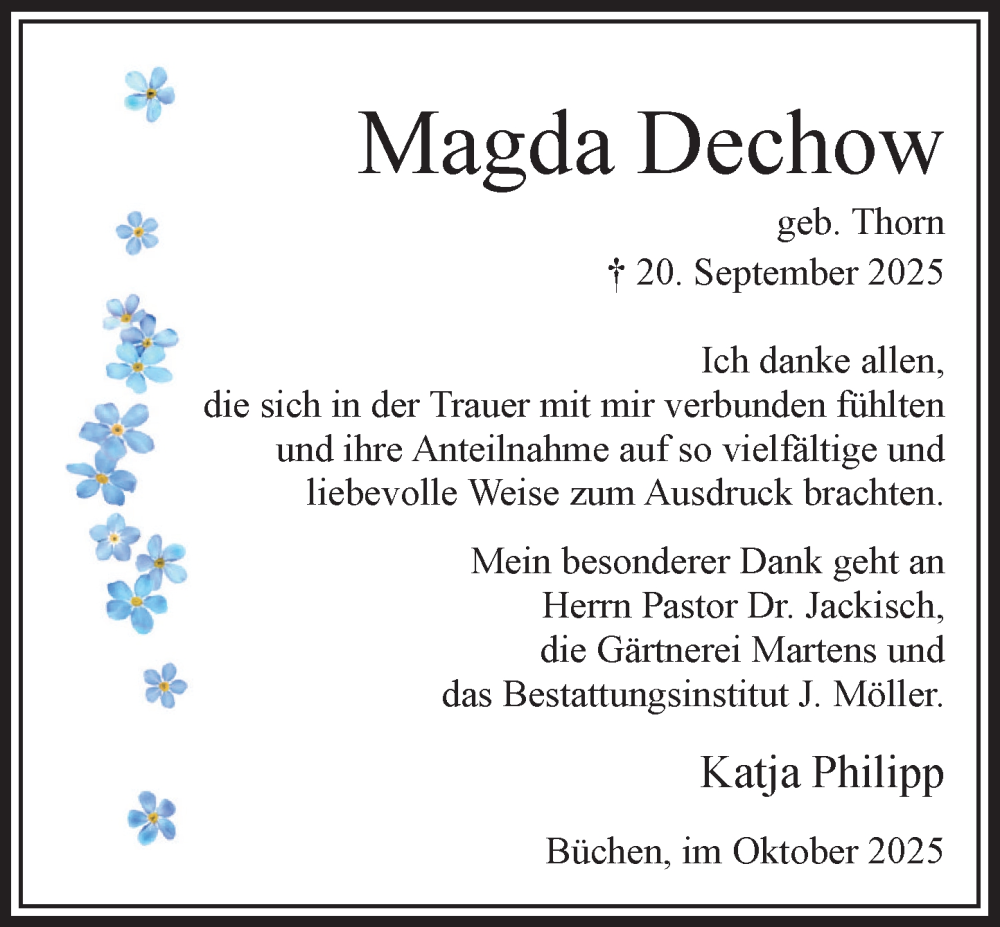  Traueranzeige für Magda Dechow vom 25.10.2025 aus Wochenend Anzeiger