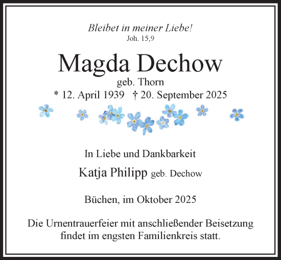 Traueranzeige von Magda Dechow von Wochenend Anzeiger