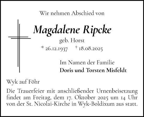 Traueranzeige von Magdalene Ripcke von Der Insel-Bote