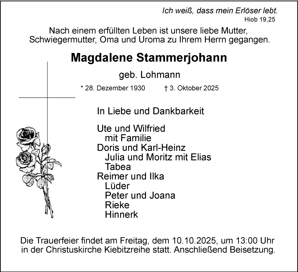  Traueranzeige für Magdalene Stammerjohann vom 08.10.2025 aus Elmshorner Nachrichten, Barmstedter Zeitung