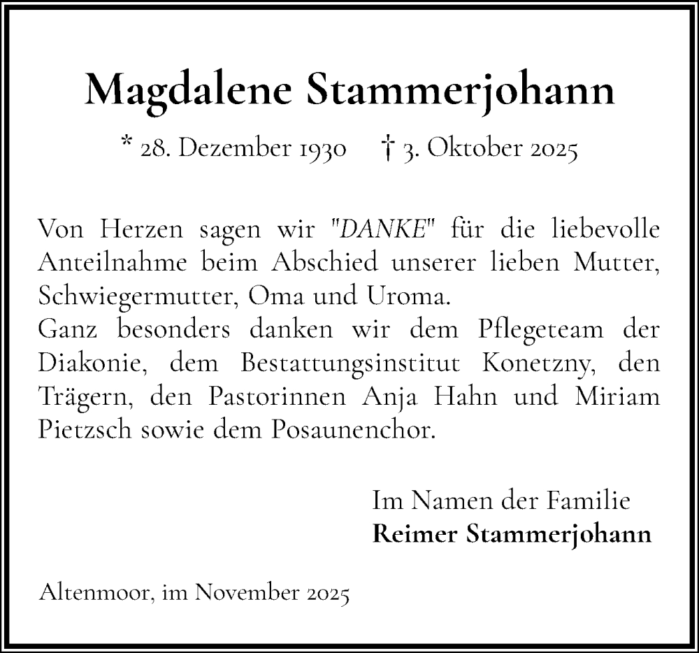  Traueranzeige für Magdalene Stammerjohann vom 01.11.2025 aus Elmshorner Nachrichten, Barmstedter Zeitung