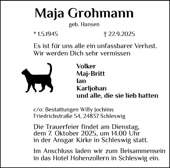 Traueranzeige von Maja Grohmann von Schleswiger Nachrichten, Schlei-Bote