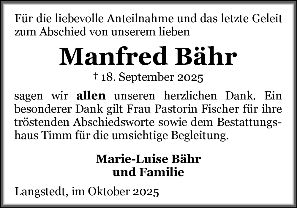  Traueranzeige für Manfred Bähr vom 14.10.2025 aus Schleswigholsteiner Zeitung Trauer